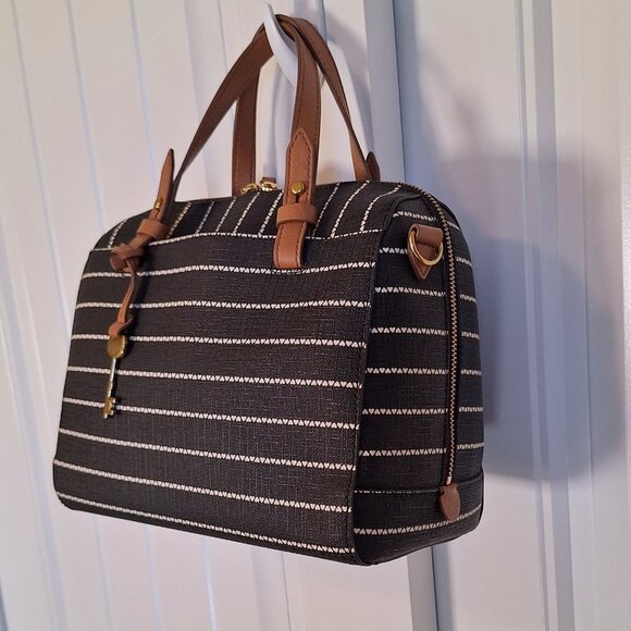 Fossil Rachel Satchel B/W Heart Stripe Vegan Leather & Canvas Crossbody Bag - Picture 4 of 10